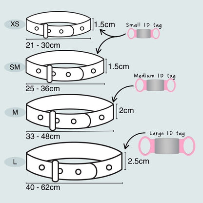 Illustration of dog collars with size chart and ID tag sizes on a light blue background